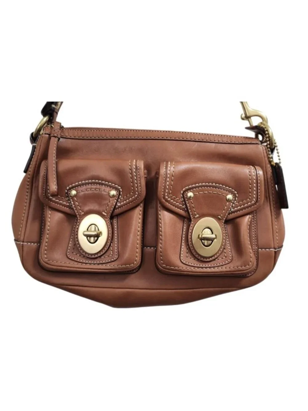 Coach F12868 65th Anniversary Double Turnlock Whiskey Leather Shoulder Bag